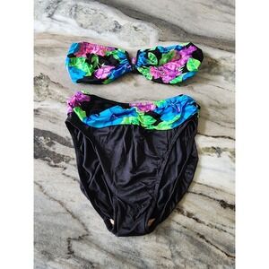 Vintage 80s Sirena Womens Floral Bandeau High Waist Bikini Set Black Neon